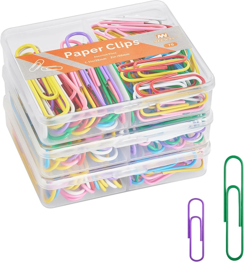 NEEWAY Colorful Paper Clips Assorted Sizes, Small and Large Paperclips, 210 Count, 3 Pack of 70 (Multicolor) - Image 1